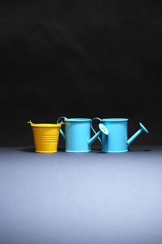 Few watering cans and one bucket in a row on dark background