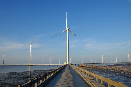 Group of wind turbines of Bac Lieu wind power plant at Mekong Delta, Vietnam. Windmill at Baclieu seaside at morning, make clean energy for Viet nam industry