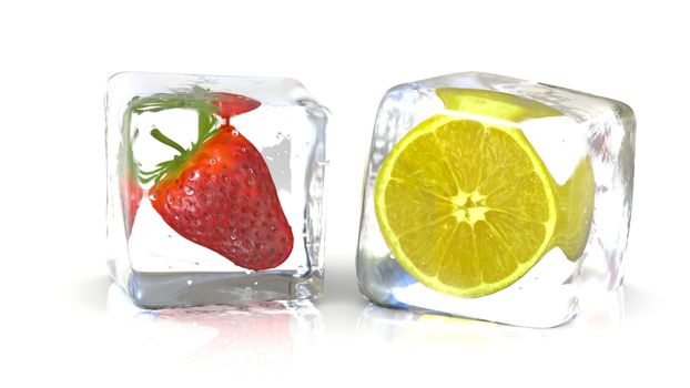 Strawberry and a lemon into fresh ice cubes. 3D Rendering