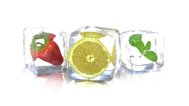 Strawberry lemon and a mint leaf into fresh ice cubes. 3D Rendering