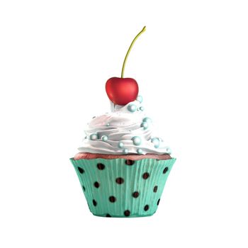 Isolated cupcake with cream, cherry and candies. 3D Rendering