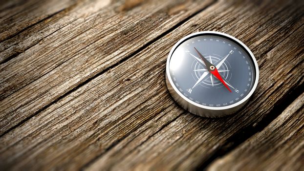 Compass showing the north on a wooden table. Close up view. Objective concept. 3D Rendering