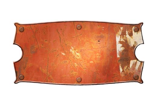 old rusty metal sign board on isolated white background.