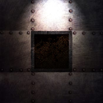 grunge metal plate and grid window on spotlight. 3d illustration. background and texture.