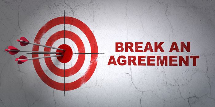 Success law concept: arrows hitting the center of target, Red Break An Agreement on wall background, 3D rendering