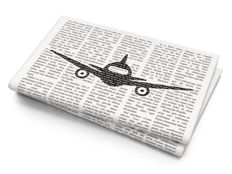 Travel concept: Pixelated black Aircraft icon on Newspaper background, 3D rendering