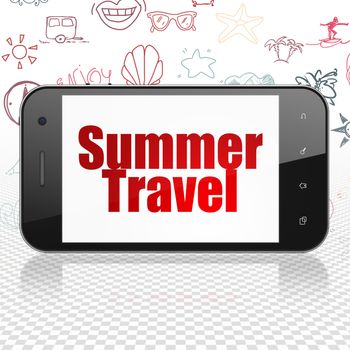 Vacation concept: Smartphone with  red text Summer Travel on display,  Hand Drawn Vacation Icons background, 3D rendering
