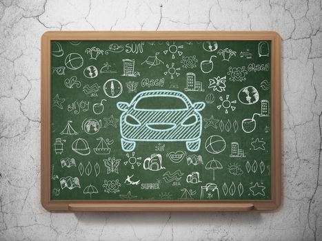 Travel concept: Chalk Blue Car icon on School board background with  Hand Drawn Vacation Icons, 3D Rendering