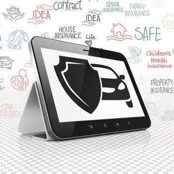 Insurance concept: Tablet Computer with  black Car And Shield icon on display,  Hand Drawn Insurance Icons background, 3D rendering
