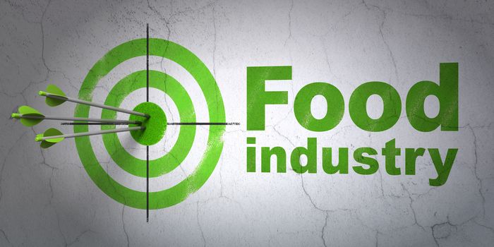 Success Manufacuring concept: arrows hitting the center of target, Green Food Industry on wall background, 3D rendering