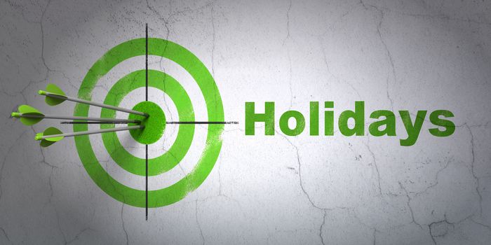 Success entertainment, concept: arrows hitting the center of target, Green Holidays on wall background, 3D rendering