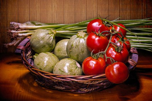  still life, Basket with tomatoes, round zucchini and green onions