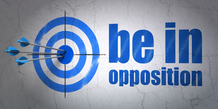 Success politics concept: arrows hitting the center of target, Blue Be in Opposition on wall background, 3D rendering