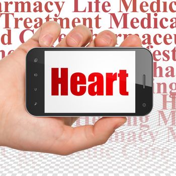 Health concept: Hand Holding Smartphone with  red text Heart on display,  Tag Cloud background, 3D rendering