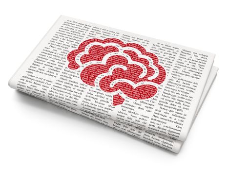 Health concept: Pixelated red Brain icon on Newspaper background, 3D rendering