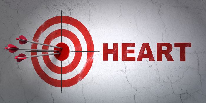 Success Health concept: arrows hitting the center of target, Red Heart on wall background, 3D rendering