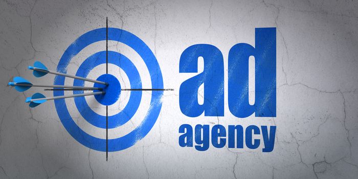 Success advertising concept: arrows hitting the center of target, Blue Ad Agency on wall background, 3D rendering