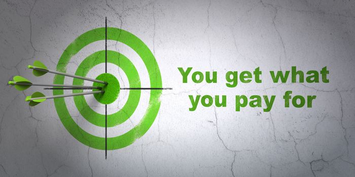 Success business concept: arrows hitting the center of target, Green You get what You pay for on wall background, 3D rendering