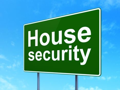 Safety concept: House Security on green road highway sign, clear blue sky background, 3D rendering