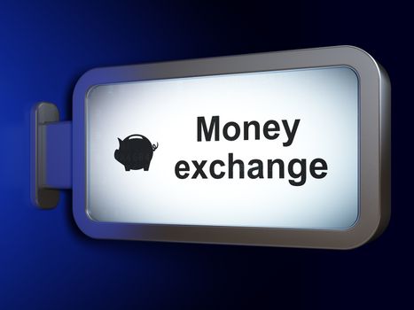 Currency concept: Money Exchange and Money Box on advertising billboard background, 3D rendering