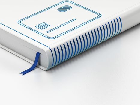 Banking concept: closed book with Blue Credit Card icon on floor, white background, 3D rendering