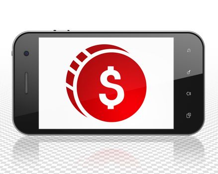 Money concept: Smartphone with red Dollar Coin icon on display, 3D rendering