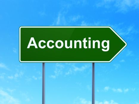 Banking concept: Accounting on green road highway sign, clear blue sky background, 3D rendering