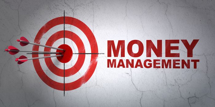 Success banking concept: arrows hitting the center of target, Red Money Management on wall background, 3D rendering