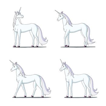 Set of White Unicorn images. Digital painting  full color cartoon style illustration isolated on white background.