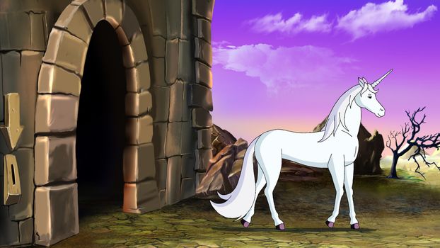 Wonderful fairy tale White Unicorn Near the Magic Castle. Digital painting  cartoon style full color illustration.