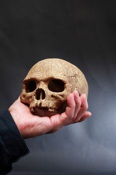 Hand holding human skull on dark background