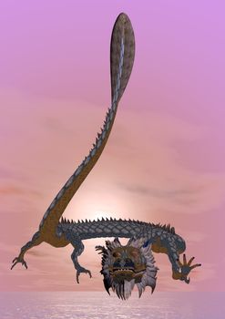 Eastern dragon in the sky by sunset - 3D render