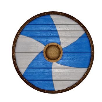 Blue and white wooden circle shield isolated in white background - 3D render