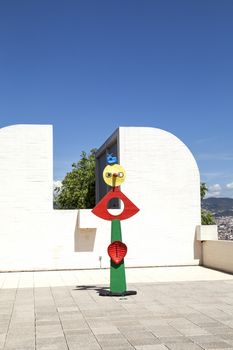 BARCELONA, SPAIN - MAY 12, 2016 :Miro sculpture on the terrace of the Foundation Joan Miro. Centre of Studies of Contemporary Art  is a museum of modern art  located on the hill  Montjuïc .It was founded in 1968.