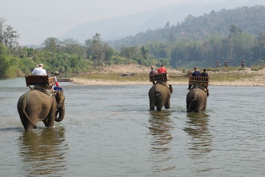 LUANG PRABANG, LAOS - FEBRUARY 12, 2016: Tourists riding elephants on February 12 in Laos, South East Asia