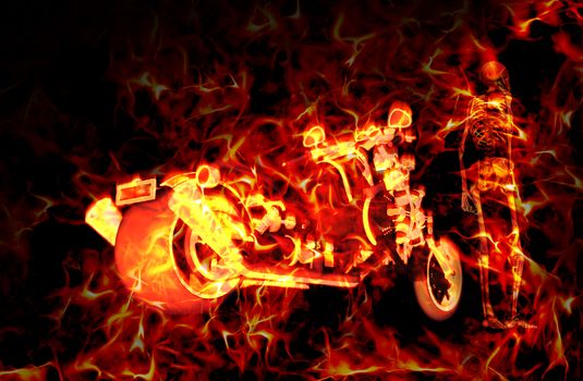 Fiery burning motorbike and skeleton with flames around them, over a dark background - 3D rendering