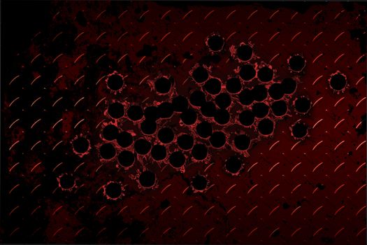 shotgun bullet hole on red diamond plate. metal background.