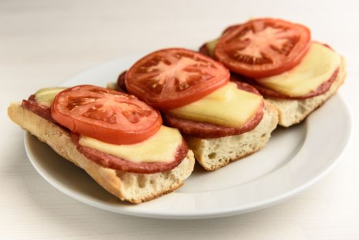 hot sandwiches with melted cheese sausage, salami and tomatoes