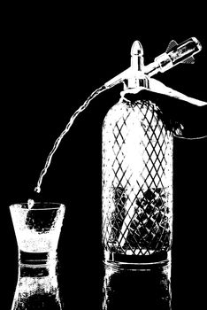 siphon with soda copulation on the table on a black background with a full glass, jet and drops