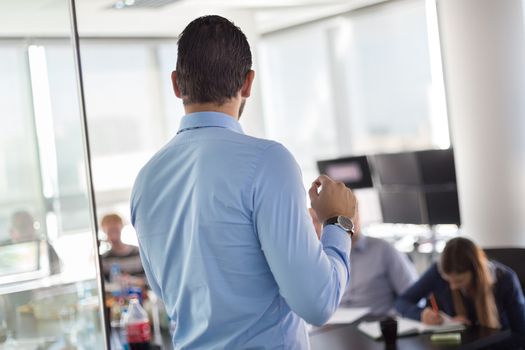 Business man making a presentation at office. Business executive delivering a presentation to his colleagues during meeting or in-house business training. Rear view. Shalow depth of field.