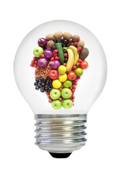 Light bulb containing fruits and vegetables over a white background in the shape of a human head 