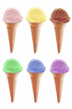 Assorted ice cream cones flavors over a white background