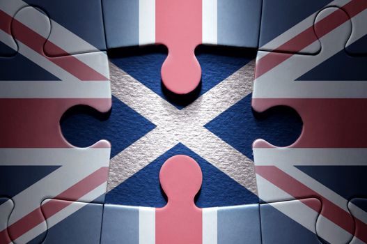 Missing piece from a UK jigsaw puzzle revealing the Scottish flag 