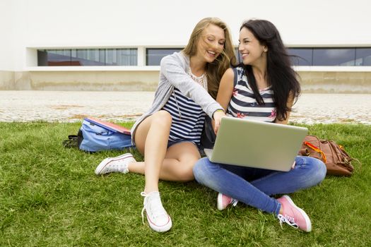 Tennage students sitting on the grass and study together with a laptop