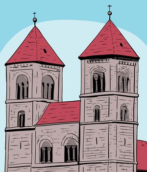 Sketch of towers on Quedlinburg Abbey under blue sky in Germany