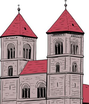 Sketch of towers on Quedlinburg Abbey in Germany with white background