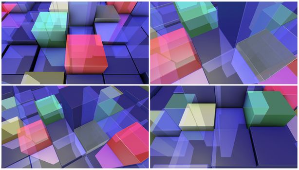 four 3d render backgrounds made of transparent boxes
