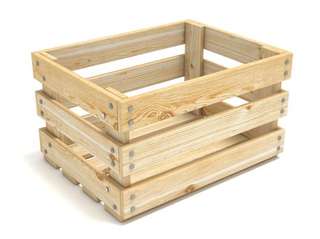 Empty wooden crate. Side view. 3D render illustration isolated on white background