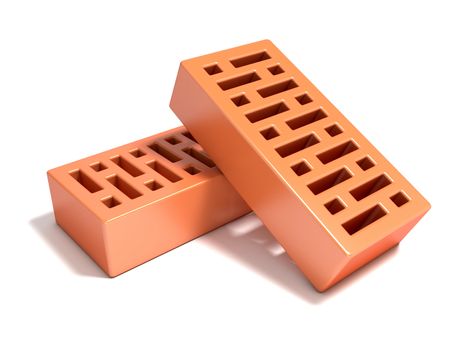 Two red bricks with rectangular holes. 3D render illustration isolated on a white background.