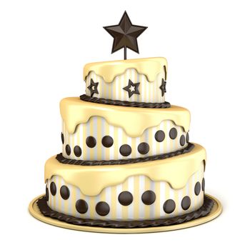 Three floor cake with vanilla and chocolate cream. 3D rendering illustration isolated on white background.